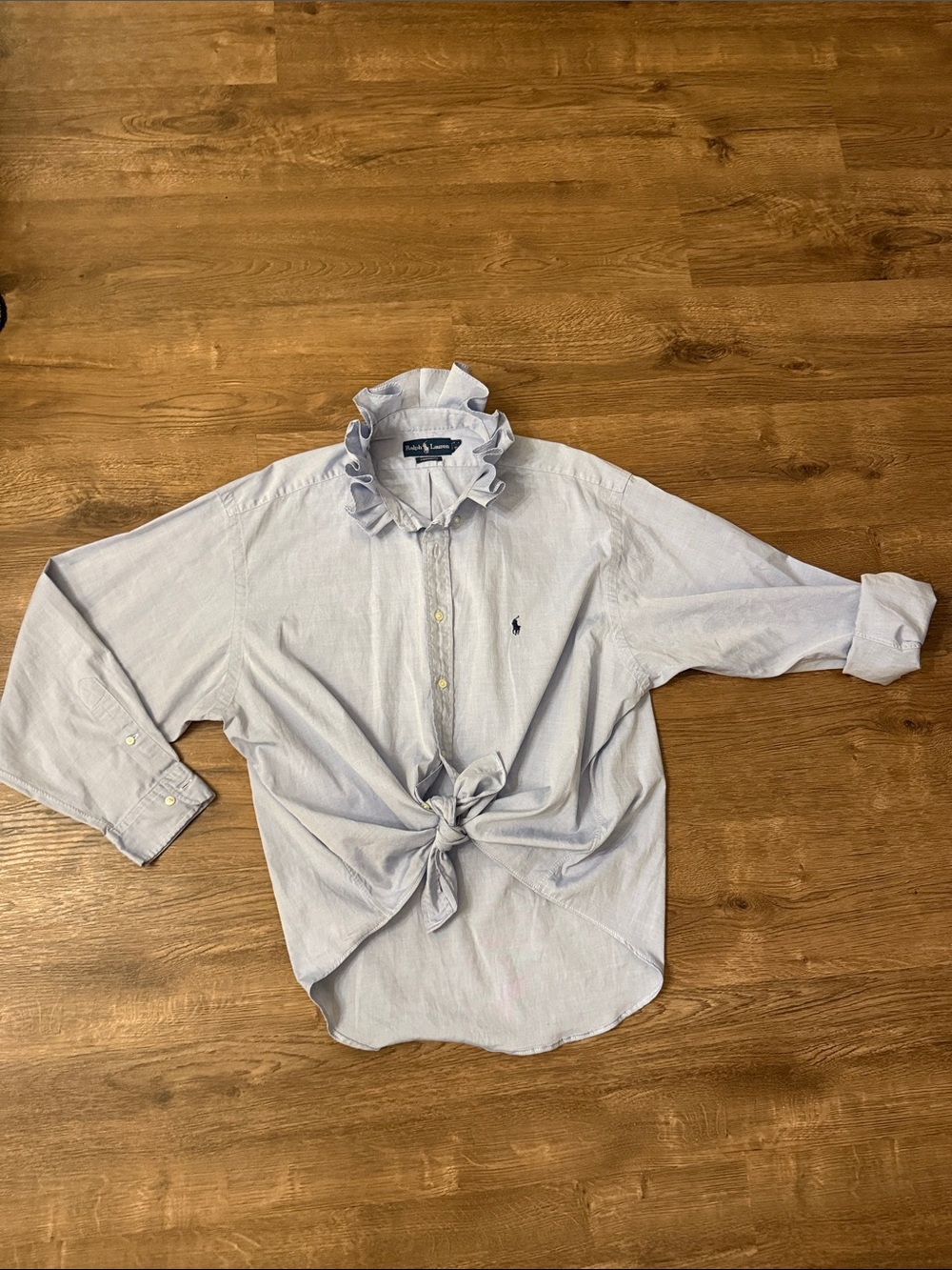 Upcycled Ralph Lauren Light Blue Ruffled Collar Button Shirt Size 17.5 34/35 Lg